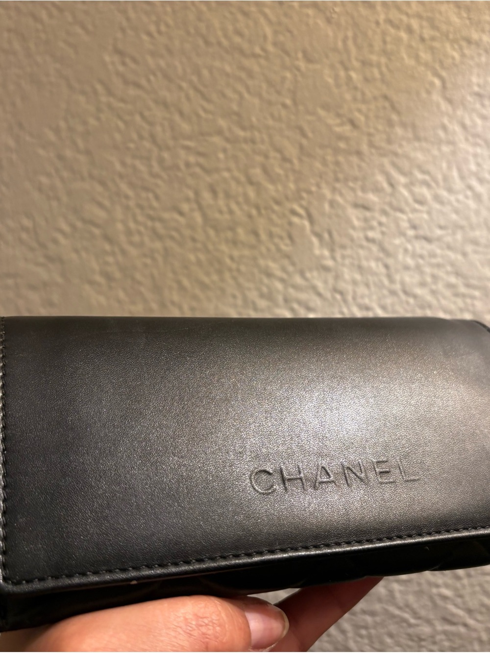 CHANEL Black Embossed Leather Phone Case Wallet